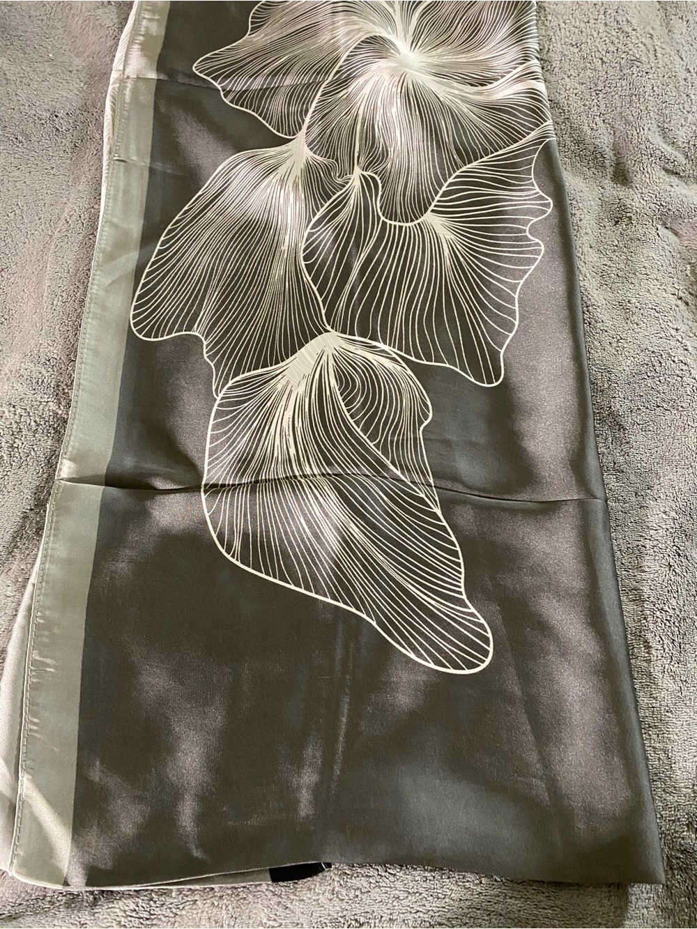 Gray Floral Satin Scarf - Elegant White Line Flower Design#180x90cm